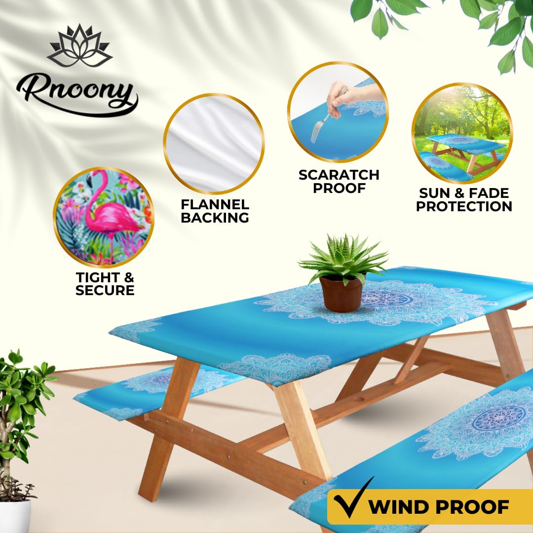 RNOONY 6ft Polyester Picnic Table Cover with Bench Covers and Carrying Bag, Elastic All Around,Windproof and Waterproof Picnic Table Covers with Elastic for Camping RV Gear 72x30 Inches 4Pcs