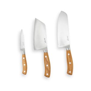 cravings greatest hits 3-piece kitchen knife set – includes 6-inch cleaver, 7-inch santoku knife, and 3.5-inch paring knife – full-tang stainless steel blades with triple-riveted ashwood handles