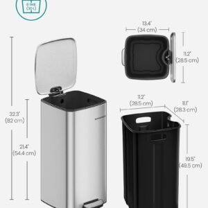 SONGMICS Kitchen Trash Can, 8-Gallon (30 L) Trash Bin, Stainless Steel Garbage Can, with Inner Bucket, Soft Close and Stays Open, Metallic Silver ULTB593E01