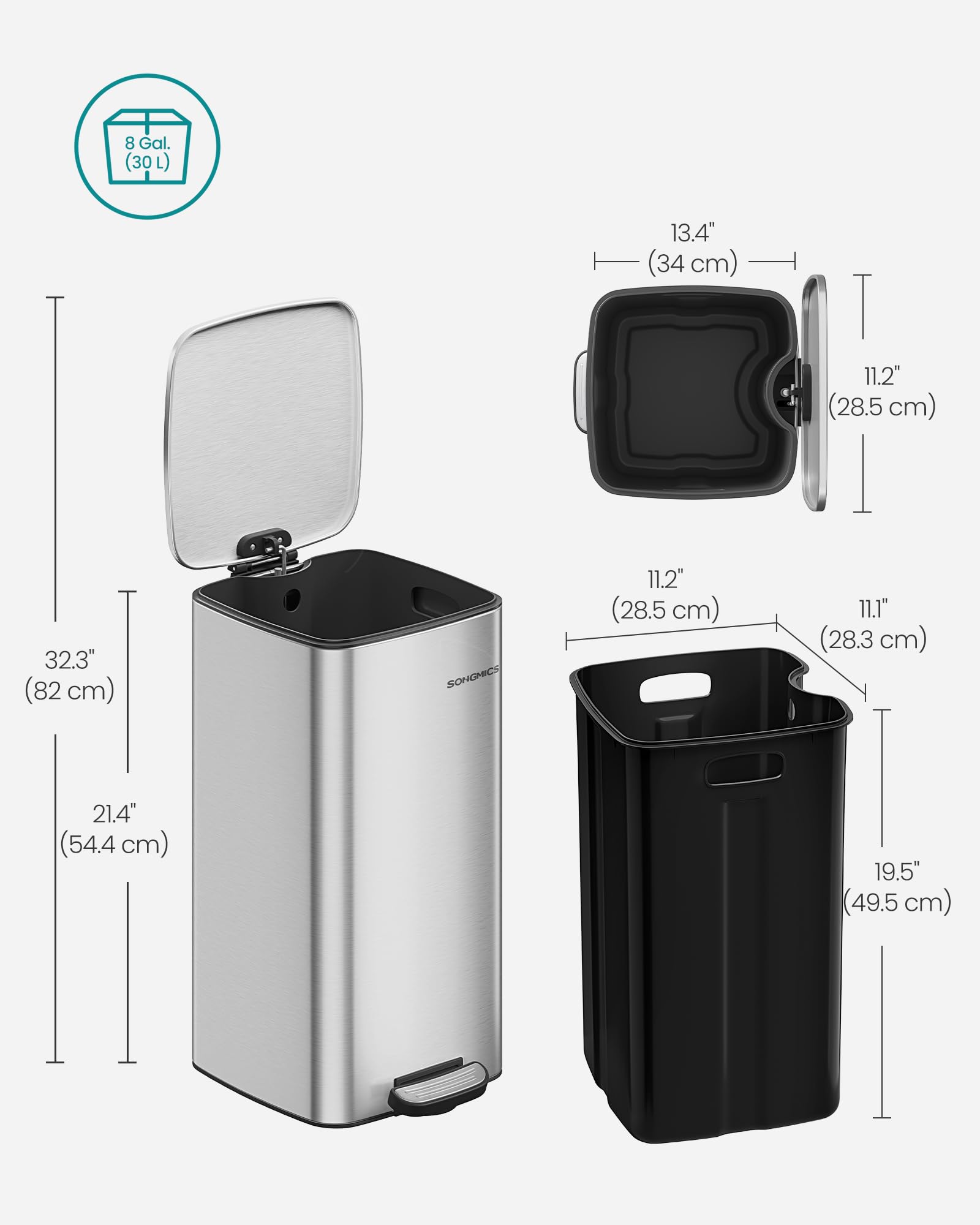 SONGMICS Kitchen Trash Can, 8-Gallon (30 L) Trash Bin, Stainless Steel Garbage Can, with Inner Bucket, Soft Close and Stays Open, Metallic Silver ULTB593E01