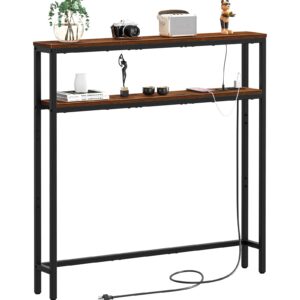 Snughome 2 Tier Narrow Console Sofa Table with LED Strip Light, 5.9" Long Skinny Behind Couch Table with Power Outlets, Narrow Tall Entryway Table for Living Room and Hallway, Rustic Brown