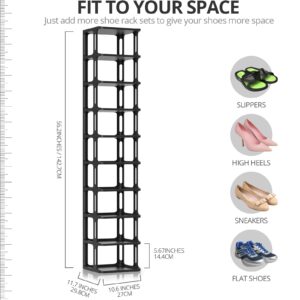 Tall Shoe Rack Front Door Entrance, Free Standing Narrow Shoe Rack Organizer for Entryway, Vertical Stackable Shoe Shelf for Closet Dedroom Dorm Garage, 10 Tier Black Shoe Tower for Small Spaces