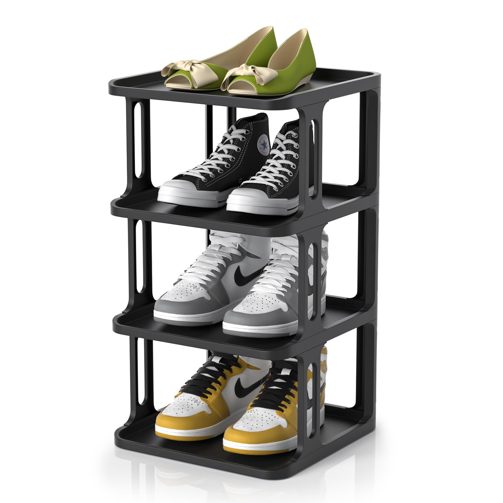 Small Shoe Rack for Closet - Free Standing Narrow Shoe Rack Organizer for Dedroom Dorm, Mini Stackable Shoe Rack Shelf for Entryway Garage Entrance, 4 Tier Vertical Black Shoe Cubby for Small Spaces