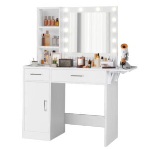 fitscropr vanity desk with drawers & mirror with lights, with drawers & cabinet 3 shelves lots storage for stylish bedroom,white