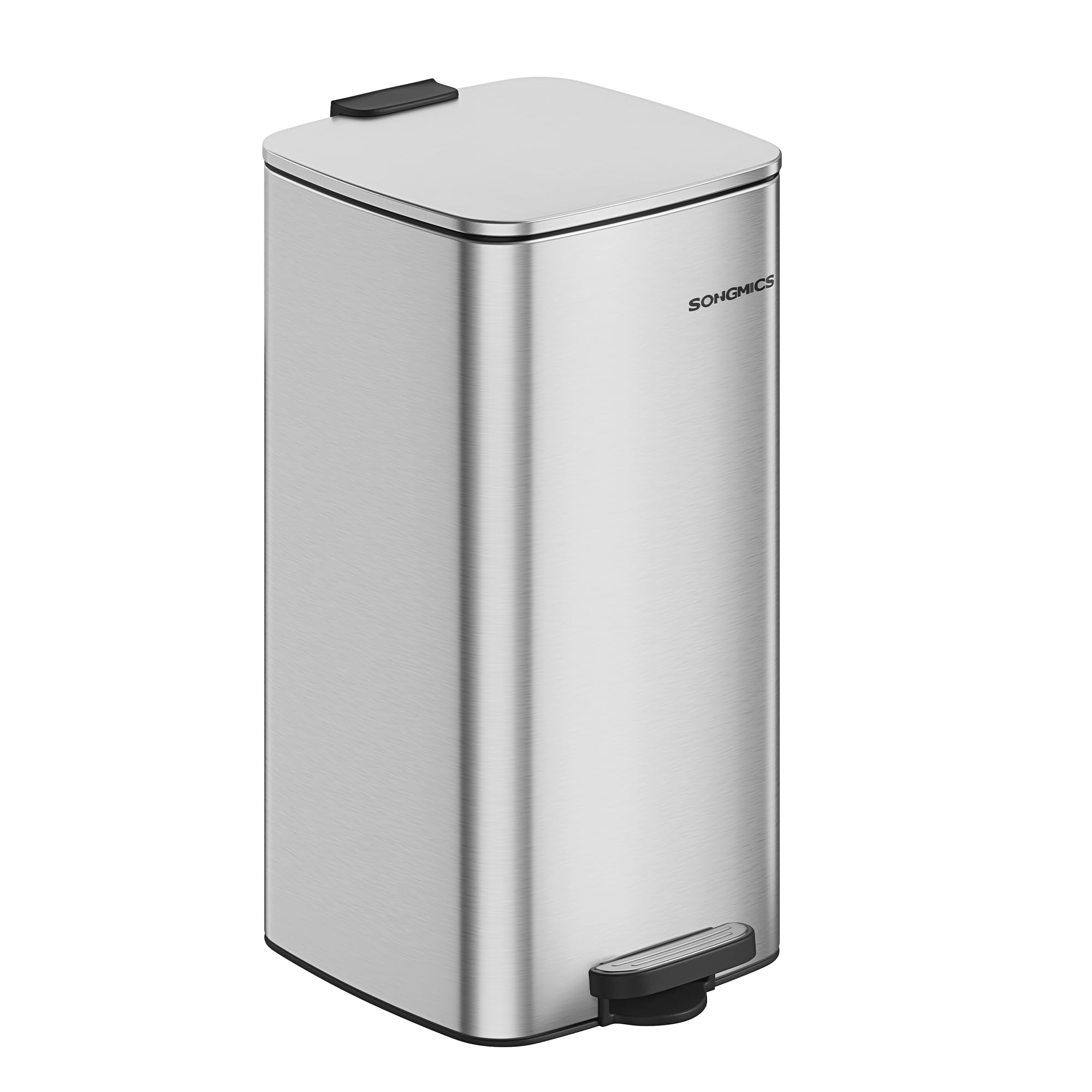 SONGMICS Kitchen Trash Can, 8-Gallon (30 L) Trash Bin, Stainless Steel Garbage Can, with Inner Bucket, Soft Close and Stays Open, Metallic Silver ULTB593E01