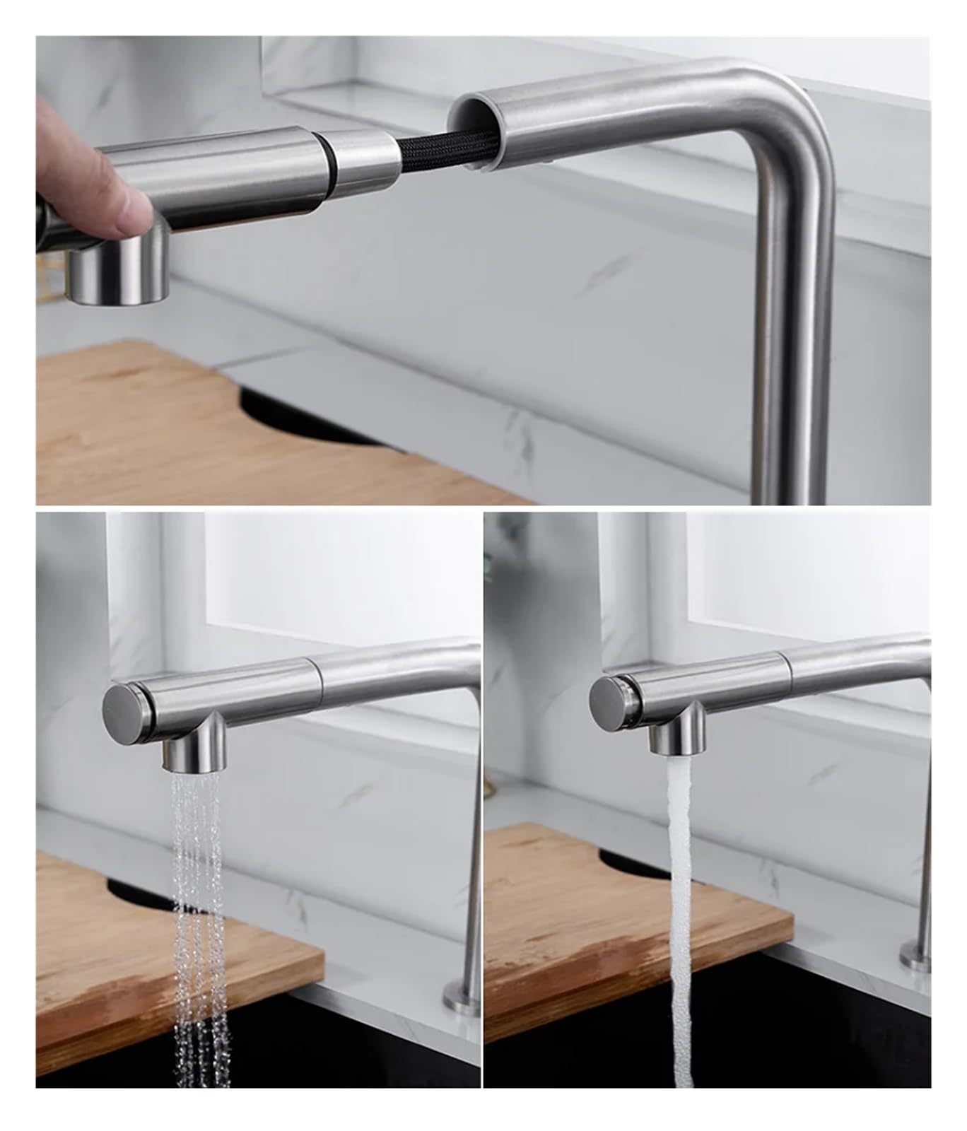 LKBEJMYY Kitchen Pull-Out Sprayer Hidden Lifting Telescopic Sink 360-degree Rotating hot and Cold Water Mixing Faucet Double Hole Split, Brushed