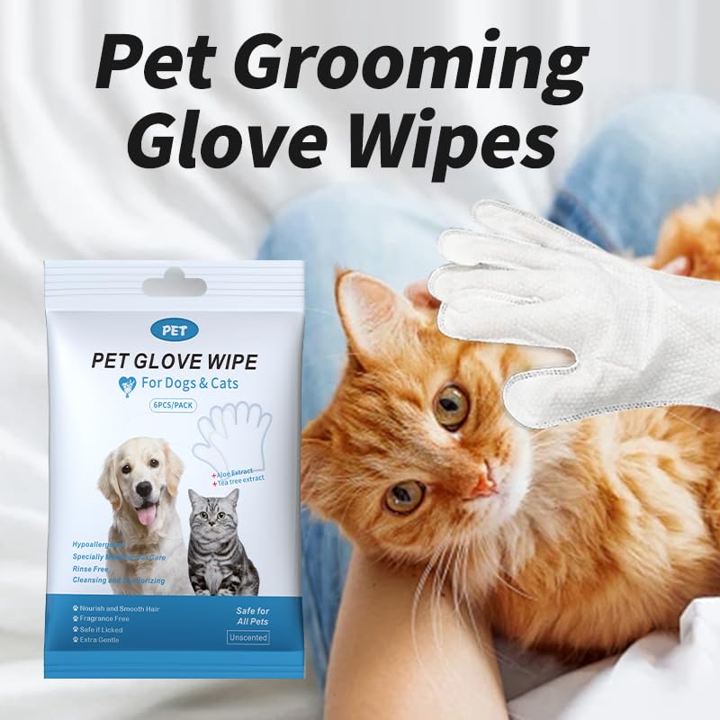 Coldcool 6 PCS Pet Bathing Wipes for Dogs and Cats, Cleaning， Deodorizing Grooming Gloves, Wipes Gloves for Dog and Cat Fur Face, Ear, Eye, Paws Cleaning Wipes Pet Wash Free Gloves