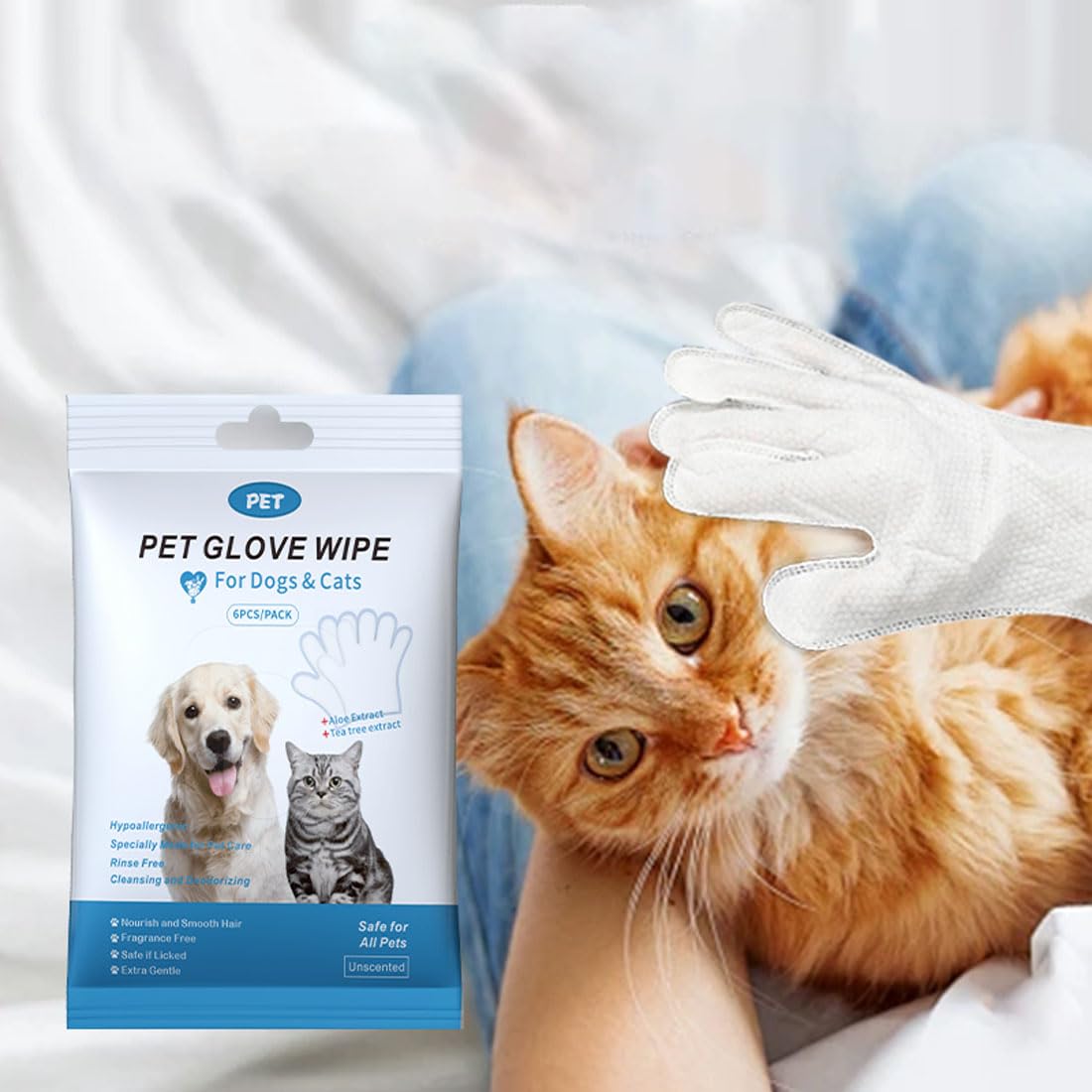 Coldcool 6 PCS Pet Bathing Wipes for Dogs and Cats, Cleaning， Deodorizing Grooming Gloves, Wipes Gloves for Dog and Cat Fur Face, Ear, Eye, Paws Cleaning Wipes Pet Wash Free Gloves