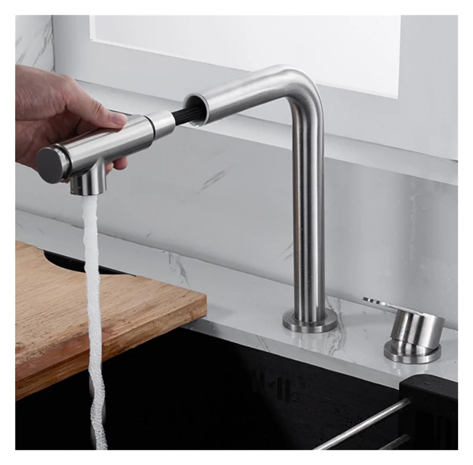 LKBEJMYY Kitchen Pull-Out Sprayer Hidden Lifting Telescopic Sink 360-degree Rotating hot and Cold Water Mixing Faucet Double Hole Split, Brushed