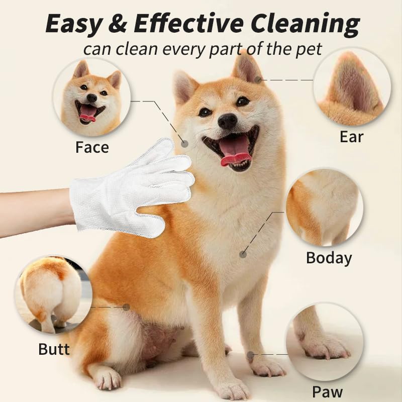 Pet Grooming Wipes and Gloves Set, 6 Count, for Fur, Face, Ears and Paws, No Rinse Cleaning