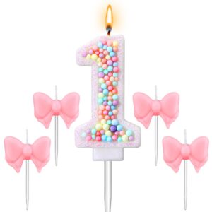 conelist 6 pcs 1 birthday candle macaron glitter 3d number 1 candles for first birthday 2.95 inch 1st birthday cake topper with pink bow shaped candle for party wedding anniversary decoration