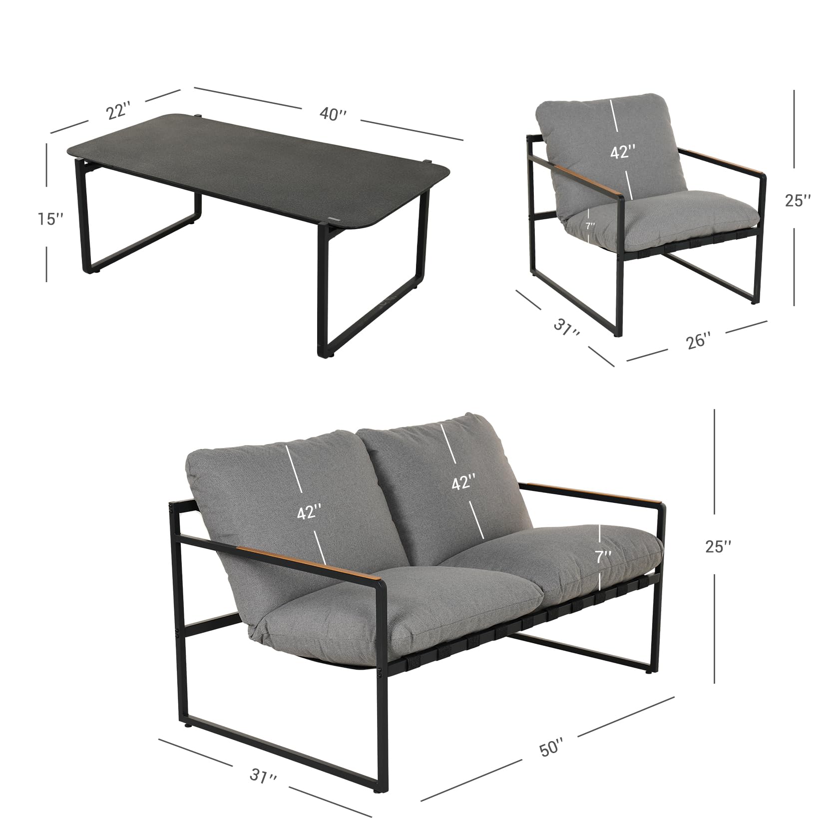 Grand patio 4-Piece Patio Furniture Set, Outdoor Patio Conversation Sofa Set with Cushion, Modern Metal Couch Loveseat Chairs and Coffee Table for Porch Deck Garden Balcony Backyard Living Room