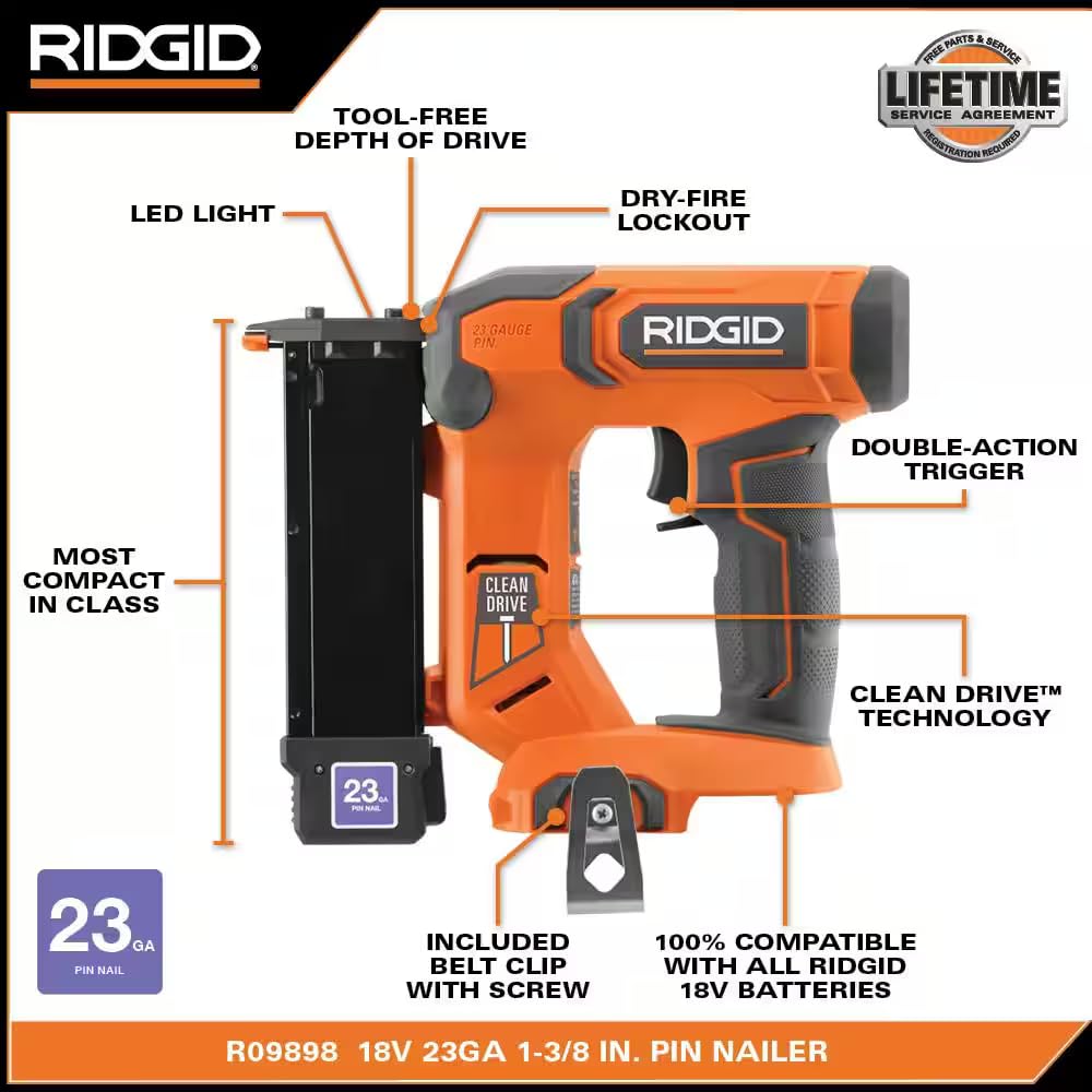 RIDGID 18V Cordless 23-Gauge 1-3/8 in. Headless Pin Nailer (Tool Only) R09898B