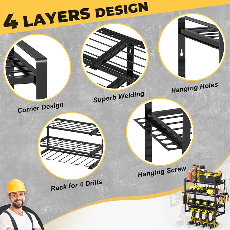 SPACECARE Power Tool Organizer，4 Drill Holders Wall Mount， 4 Layers Garage Organization Floating Cordless Drill Holder Heavy Duty Tool Organizers Utility Rack Floating Tool Shelf for 4 Drill Holders