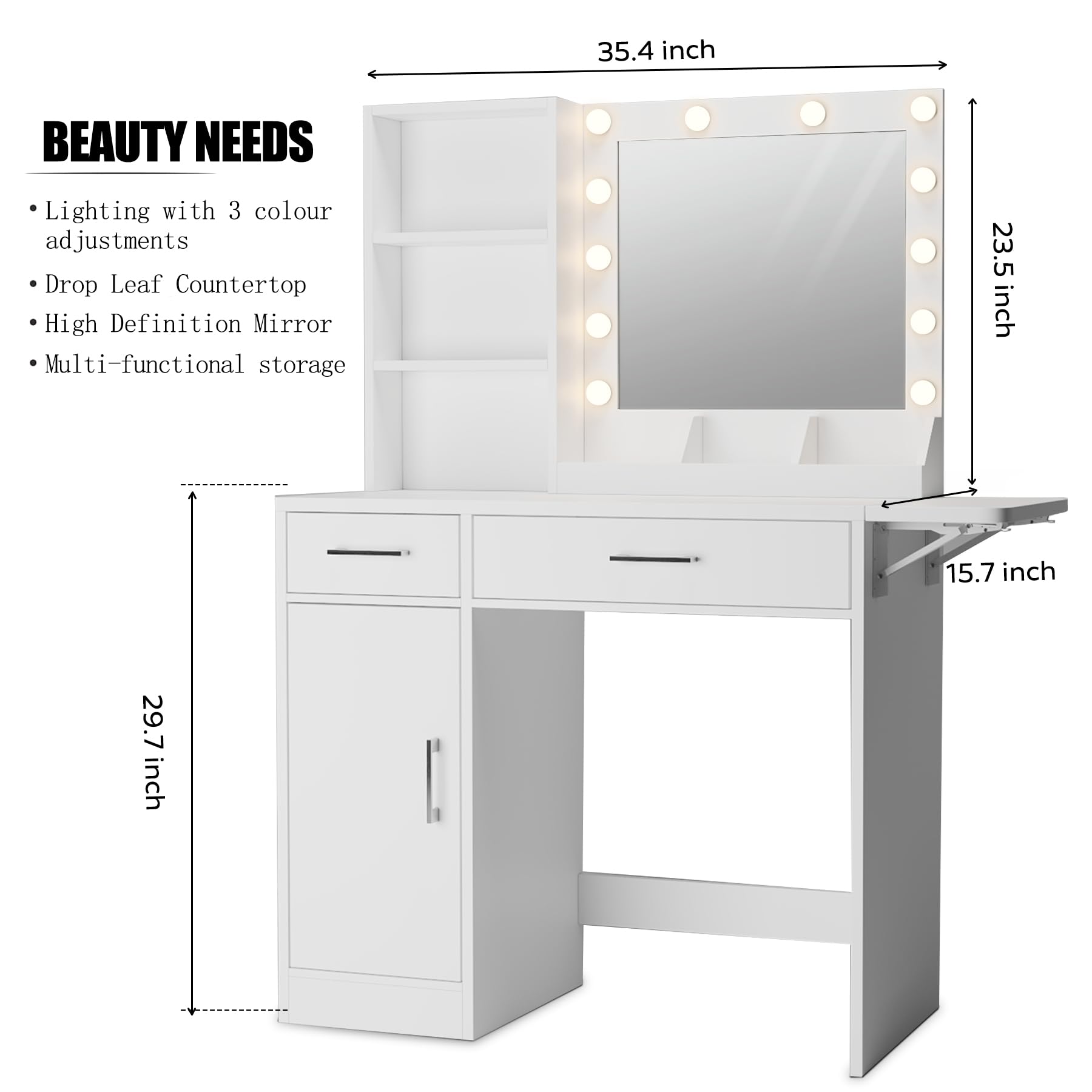 FITSCROPR Vanity Desk with Drawers & Mirror with Lights, with Drawers & Cabinet 3 Shelves Lots Storage for Stylish Bedroom,White