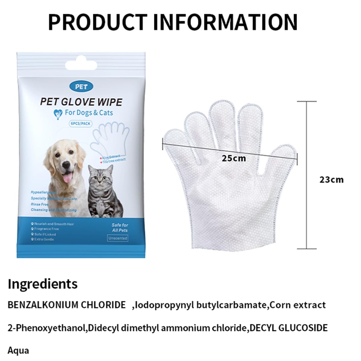 Coldcool 6 PCS Pet Bathing Wipes for Dogs and Cats, Cleaning， Deodorizing Grooming Gloves, Wipes Gloves for Dog and Cat Fur Face, Ear, Eye, Paws Cleaning Wipes Pet Wash Free Gloves