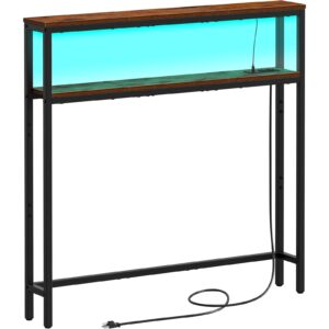 snughome 2 tier narrow console sofa table with led strip light, 5.9" long skinny behind couch table with power outlets, narrow tall entryway table for living room and hallway, rustic brown