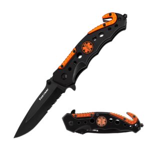 3.34″ folding pocket knife survival knife, serrated blade tactical knife, glass breaker, seatbelt cutter, pocket clip, self defense knife with liner lock, for hunting camping fishing hiking