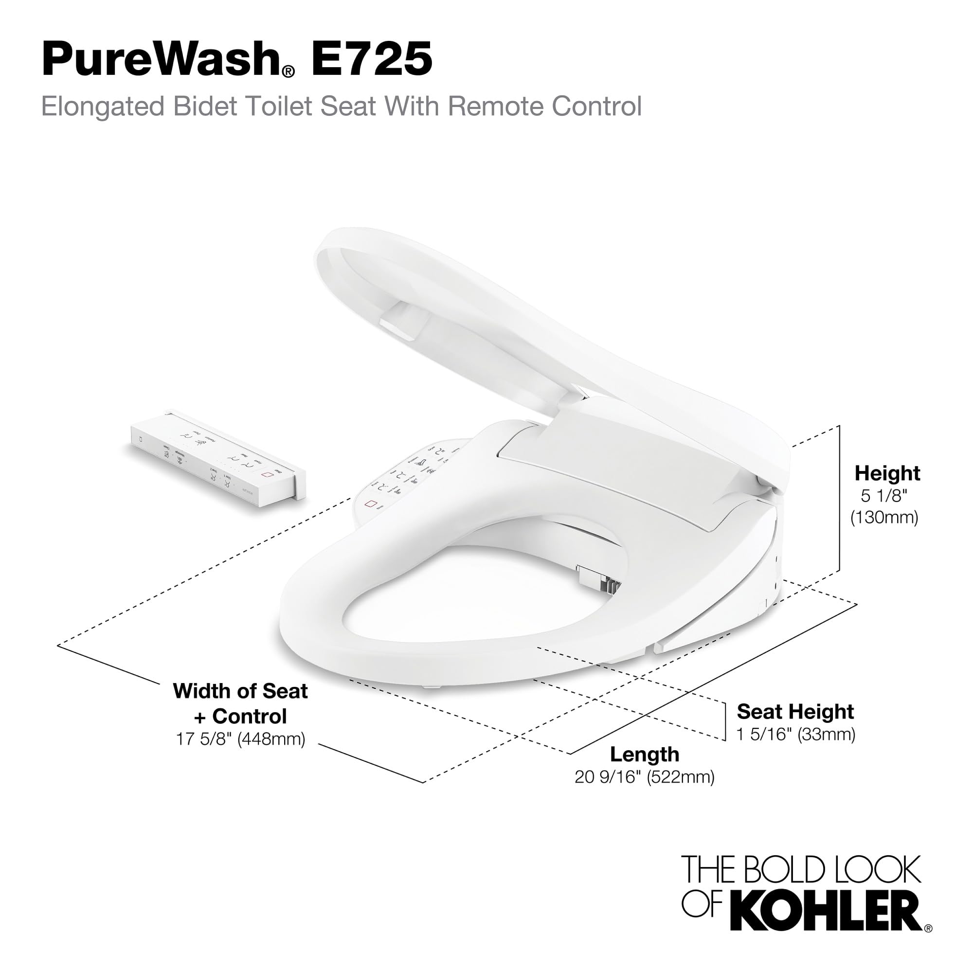 KOHLER 28229-96 K-28229-96 PureWash E725 Elongated Bidet Toilet Seat with Remote Control, Biscuit