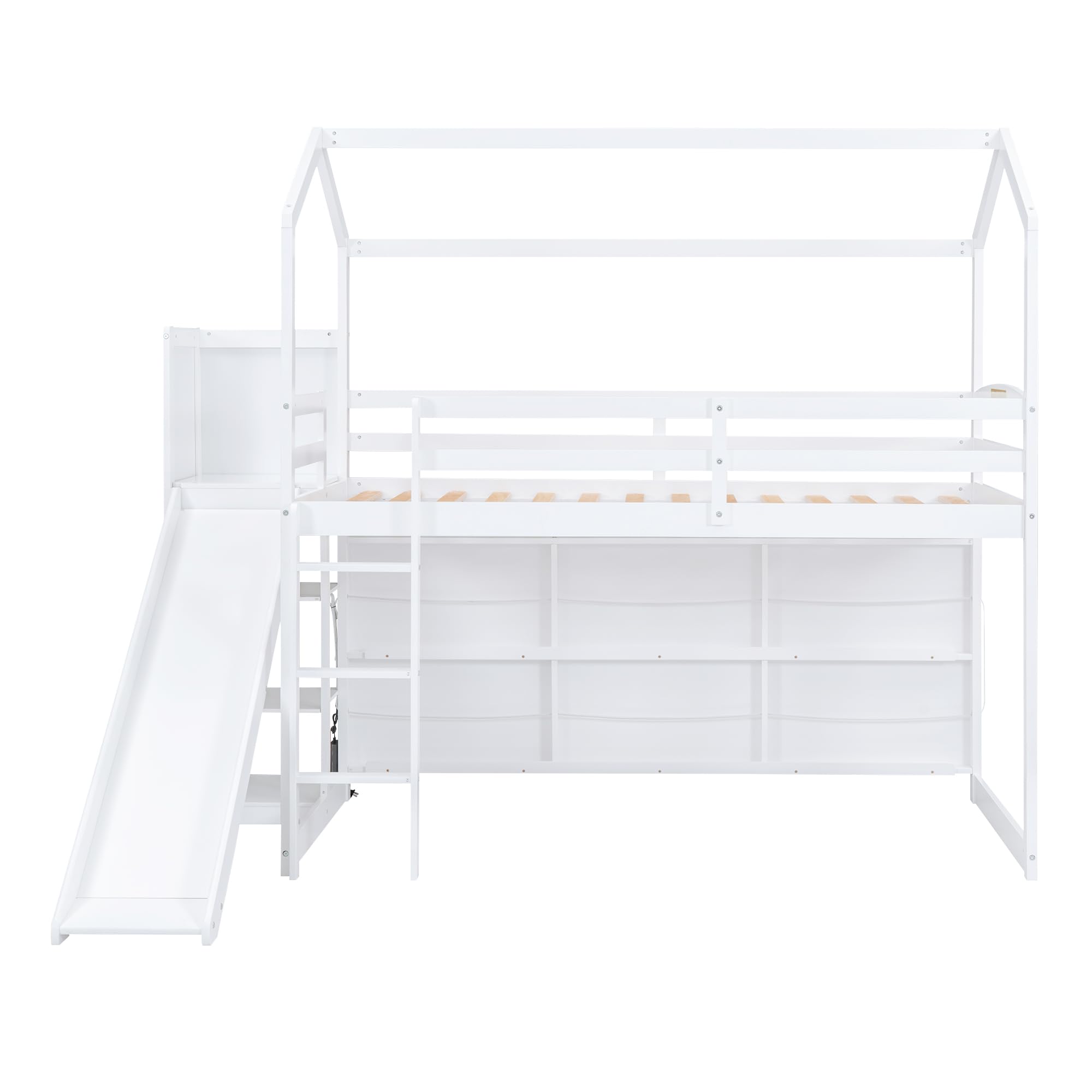 Harper & Bright Designs Kids Twin House Loft Bed with Slide, Storage Shelves and LED Light, Wood Twin Low Loft Bed with Guardrail and Ladder, Twin Playhouse Bed for Kids Teens Boys & Girls, White