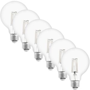 maxxima g25 led light bulb, globe white filament - 40 watt equal, 500 lumens, 3000k warm white, e26 edison vanity bulb, great for kitchen, living room, and bathroom, non-dimmable, 120v - 6 pack