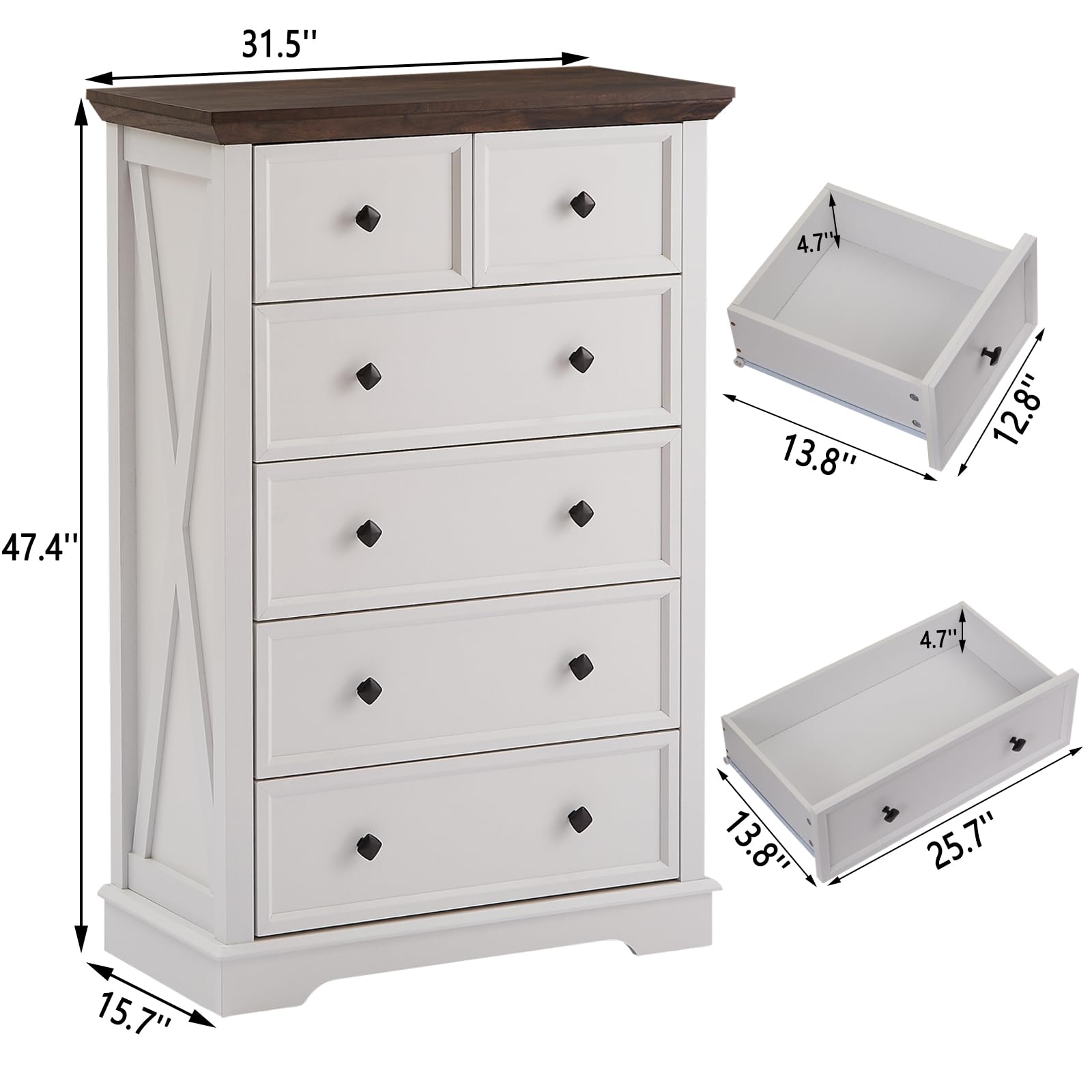 LDTTCUK 6 Drawer Dresser, Farmhouse Dresser Chest of Drawer for Bedroom, 48 Inch Tall Dresser, Wood Storage Chest of Drawers Storage Cabinet for Living Room, Entryway, Hallway, White