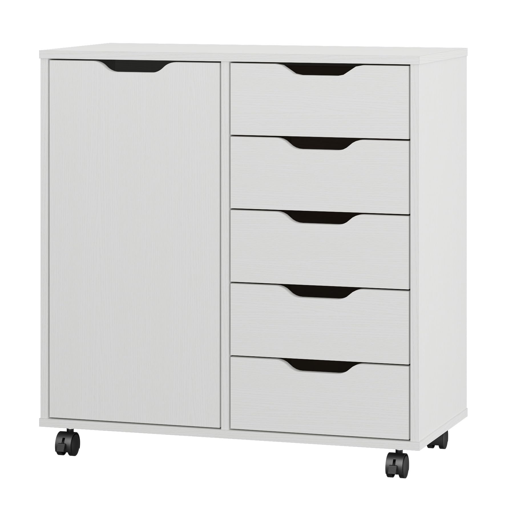 Panana 5-Drawer Chest with 1 Door, Wooden Chest of Drawers Storage Dresser Cabinet with Wheels, Office Organization and Storage, Bedroom Furniture (White-S)