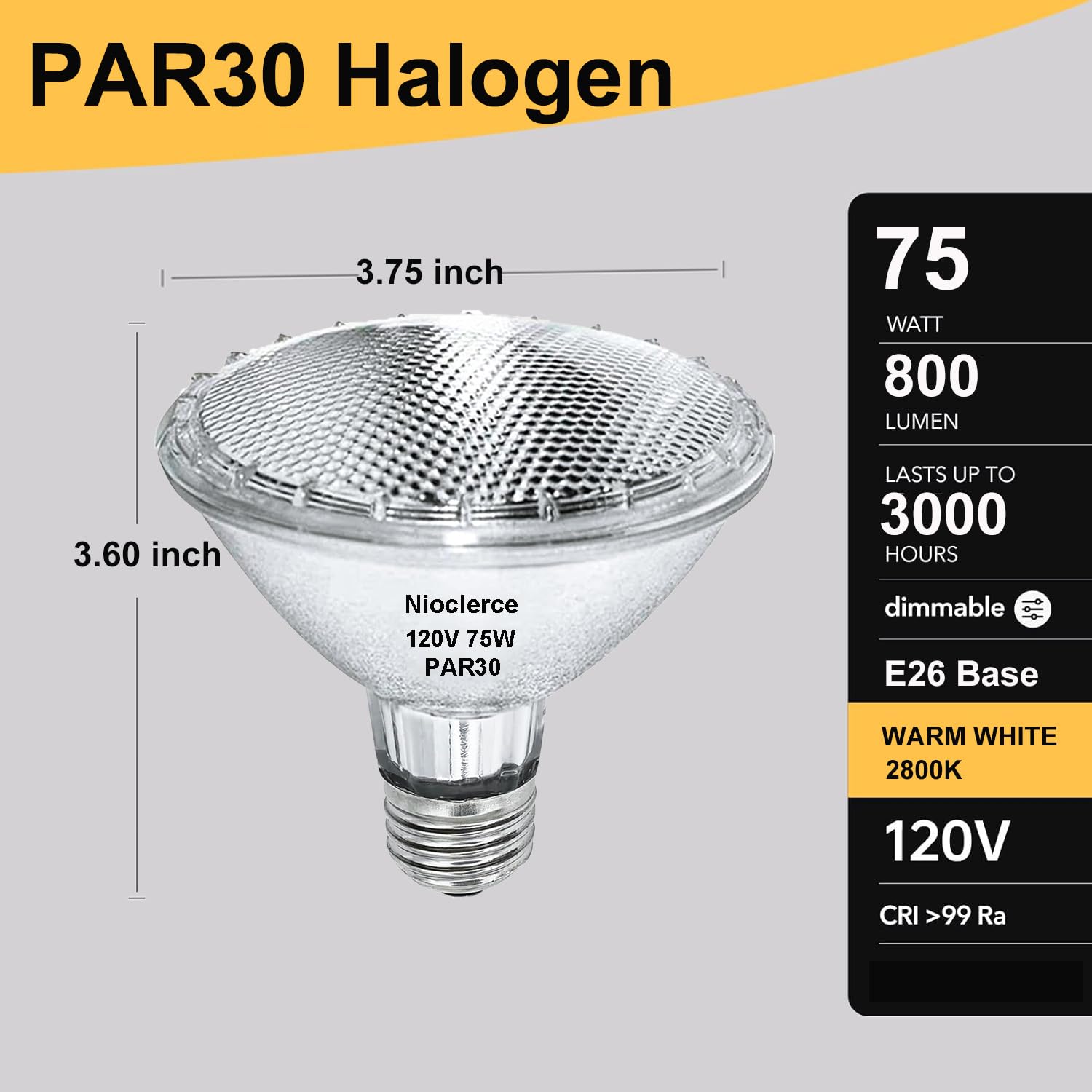 Nioclerce PAR30 Short Neck Halogen 75W 120V - 6 Pack PAR30 Flood Light Bulbs Warm White, PAR30 Dimmable E26 Base, Long Lasting PAR30 Halogen Bulb for Accent Lighting, Tracking Light, Recessed Light