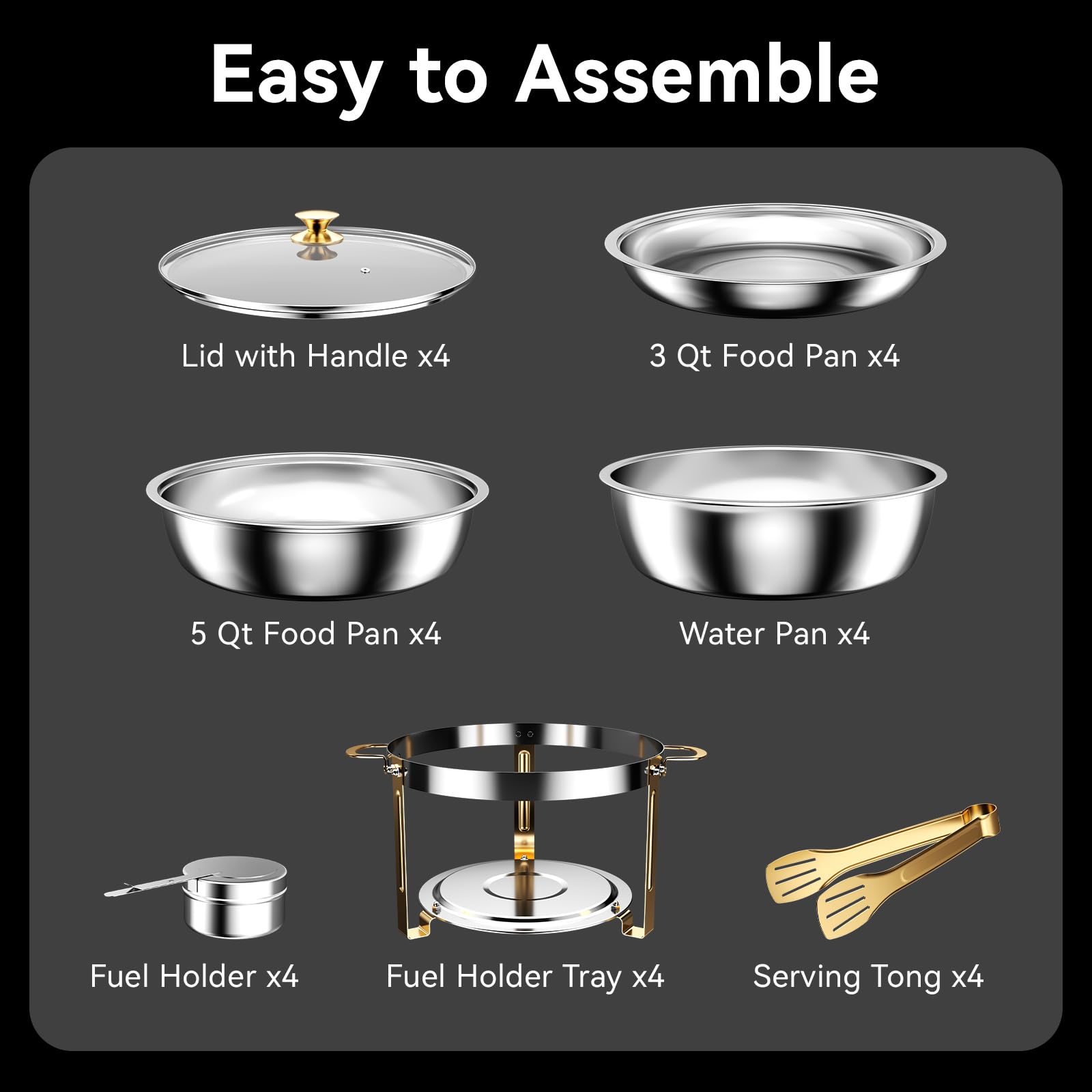 Amhier 3 Qt 5 Qt Chafing Dish Buffet Set with Visible Glass Lid and Holder, Stainless Steel Round Chafing Dishes for Buffet with Food and Water Pans for Catering, Parties and Weddings, Gold, 4 Pack