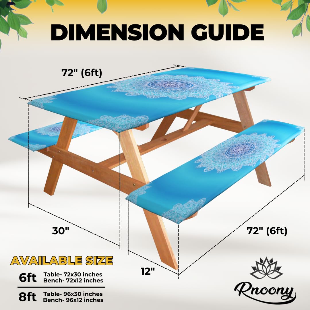 RNOONY 6ft Polyester Picnic Table Cover with Bench Covers and Carrying Bag, Elastic All Around,Windproof and Waterproof Picnic Table Covers with Elastic for Camping RV Gear 72x30 Inches 4Pcs