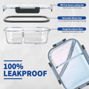 42pcs Glass Food Storage Containers with Lids Set, 21 Containers & 21 Lids Include One 2 Compartments Glass Meal Prep Containers with Snap Locking Lids Set, Leak Proof Lunch Containers BPA-Free,Grey