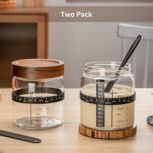 PTSTING Sourdough Starter Kit, 35oz Wide Mouth Sourdough Starter Jar (Set of 2) with Feeding Band, Thermometer, Wood Lid, Sourdough Jar Scraper, Reusable Sourdough Bread Baking Supplies