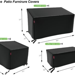 Outdoor Furniture Cover Waterproof, 4-Piece Patio Furniture Covers,includ: 2 Chair Covers 33"x32"x31", 1 loveseat Cover 58"x32"x31" and 1 Coffee Table Cover 46"x26"x13"