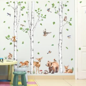 wondever Large Birch Tree Animals Wall Stickers Forest Owl Fox Bear Deer Peel and Stick Wall Art Decals for Baby Nursery Kids Bedroom Living Room