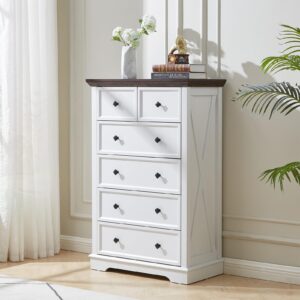 LDTTCUK 6 Drawer Dresser, Farmhouse Dresser Chest of Drawer for Bedroom, 48 Inch Tall Dresser, Wood Storage Chest of Drawers Storage Cabinet for Living Room, Entryway, Hallway, White