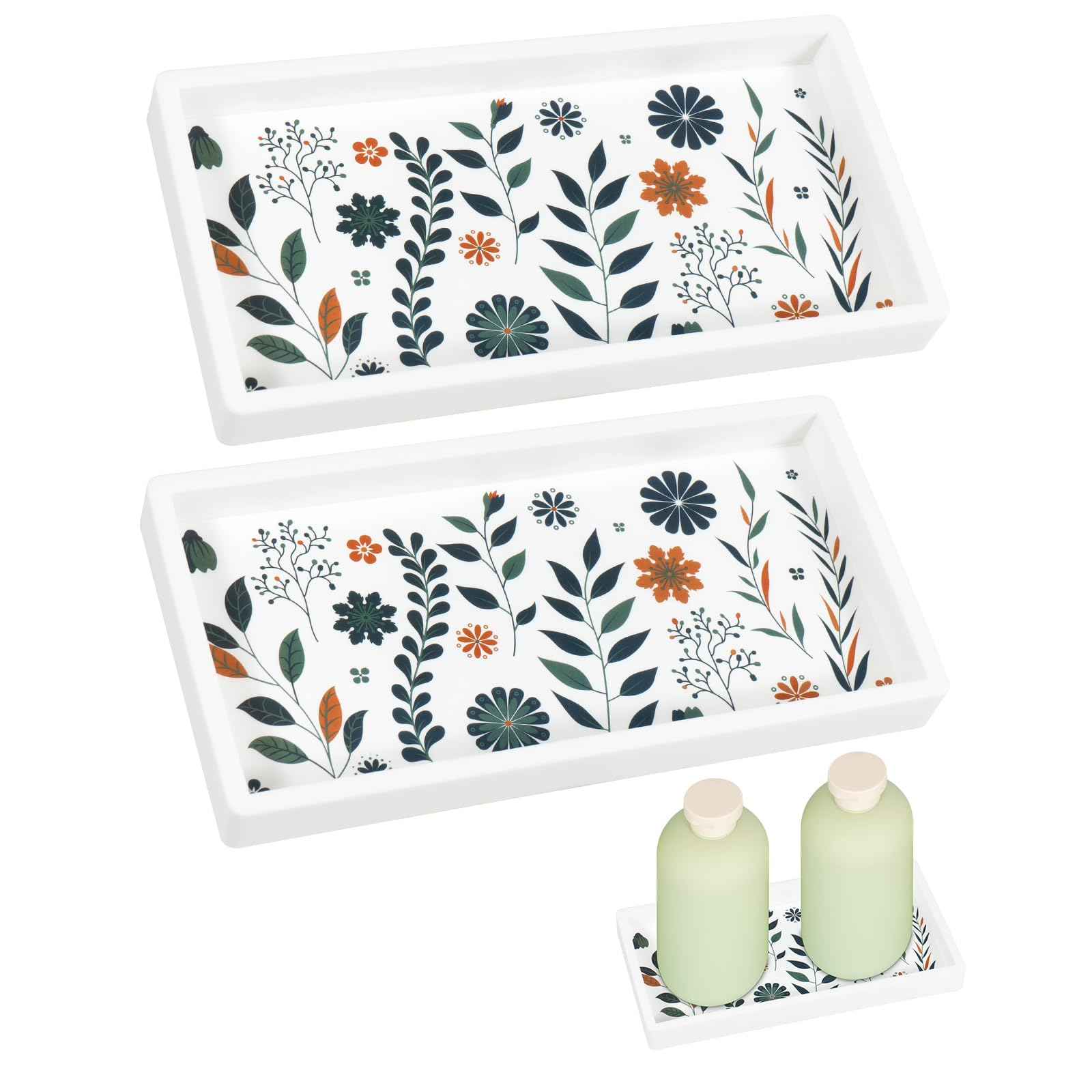 2PCS Bathroom Vanity Tray, 7.9” Silicone Floral Pattern, Elegant Organizer for Kitchen Countertop, Bedside, Toiletries, Soap Dispenser, Jewelries, Perfume, Dishwasher Safe, Kauai Sun™ (White Floral)