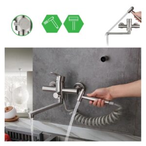 KXFXQTOT Stainless Steel Kitchen Brushed Extension 2 Functions Wall-Mounted Bathtub Mixing Valve Shower Faucet Hand Spray (Color : Onluy Faucet)