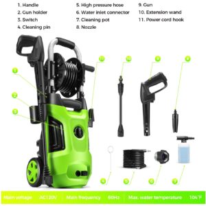 Suyncll Pressure Washer, MAX PSI 2.5GPM Electric Power Washer,1800W High Pressure Washer, Professional Washer Cleaner, with All-in-one Adjustable Nozzle and Hose, Best for Cleaning Cars (Green&Black)