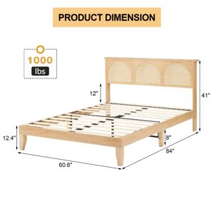 GAOMON Queen Bed Frame with Natural Rattan Headboard, Queen Size Platform Bed Frame with LED Lights and Rattan Headboard, Wooden Support Legs, No Box Spring Needed, Easy Assembly