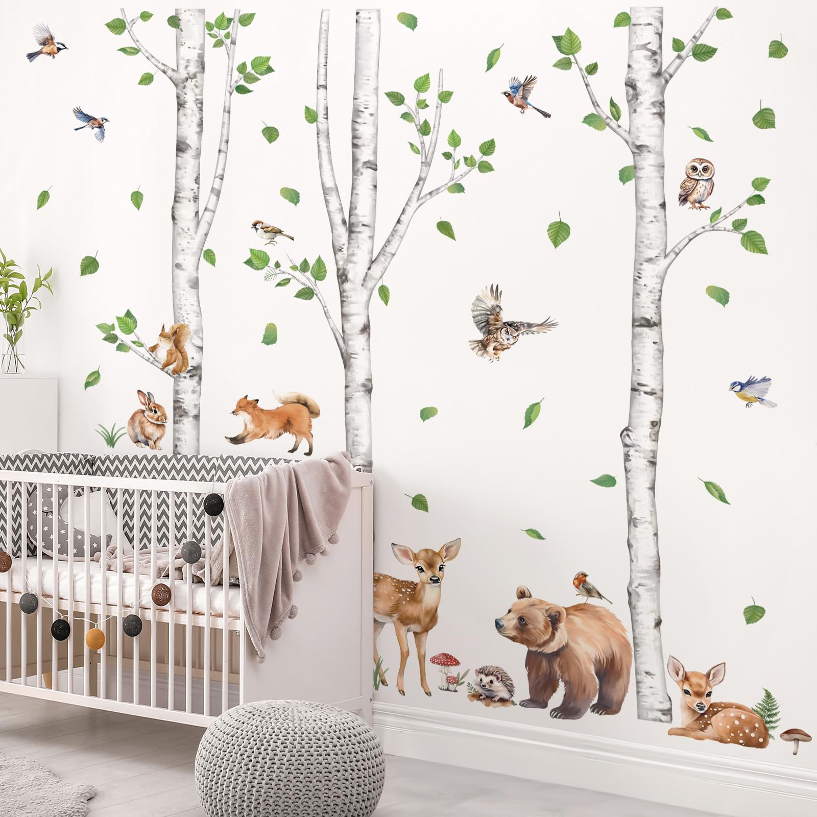 wondever Large Birch Tree Animals Wall Stickers Forest Owl Fox Bear Deer Peel and Stick Wall Art Decals for Baby Nursery Kids Bedroom Living Room