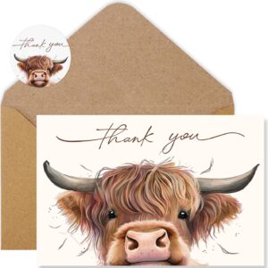 Whaline 36Pcs Highland Cow Thank You Cards with Envelopes and Stickers Barnyard Greeting Cards Blank Note Cards for Weddings Bridal Shower Baby Shower