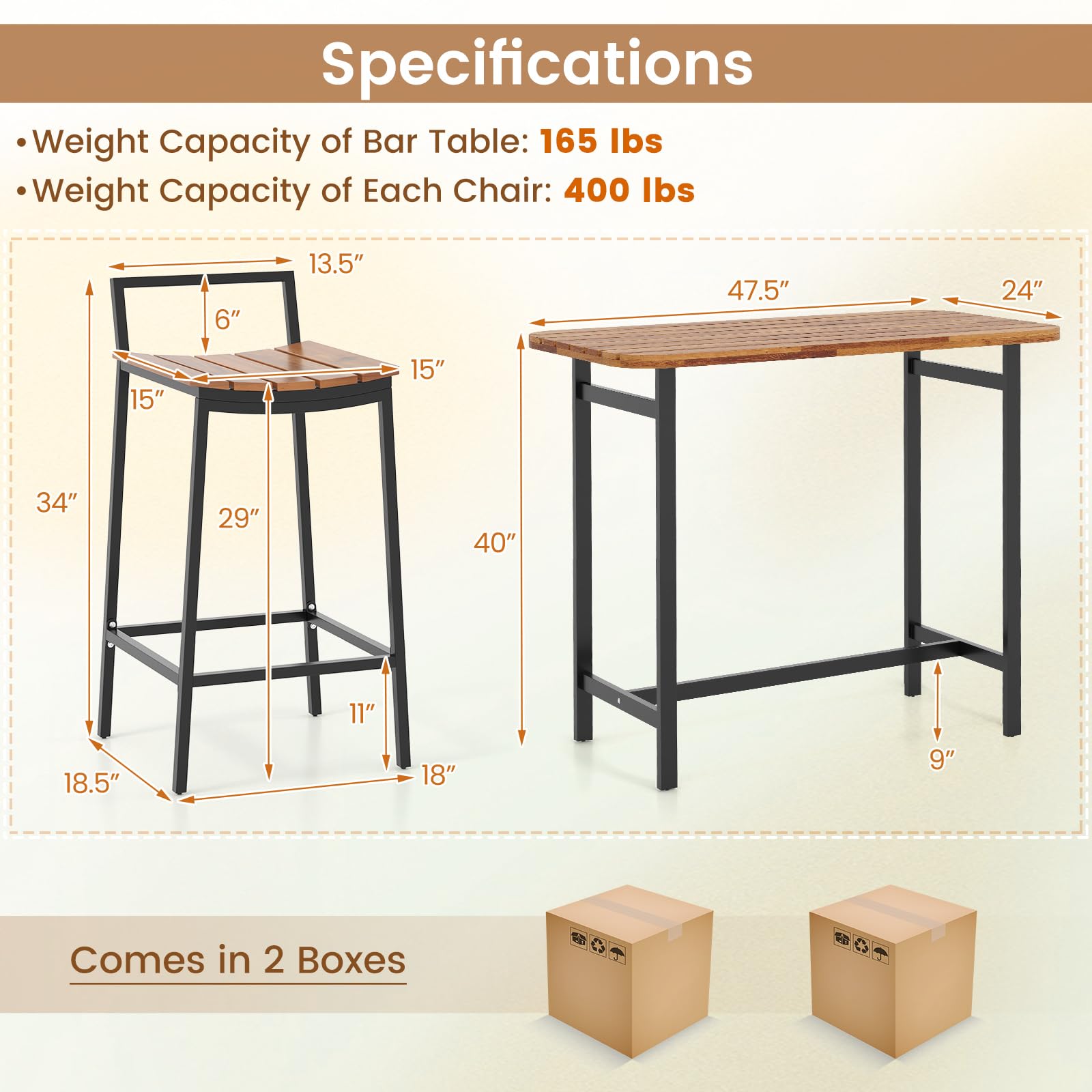 HAPPYGRILL 5 Pieces Wood Patio Bar Set, Outdoor Bar Table Chairs Set with Metal Frame & Footrest, Acacia Wood Patio Furniture for Porch Poolside Backyard