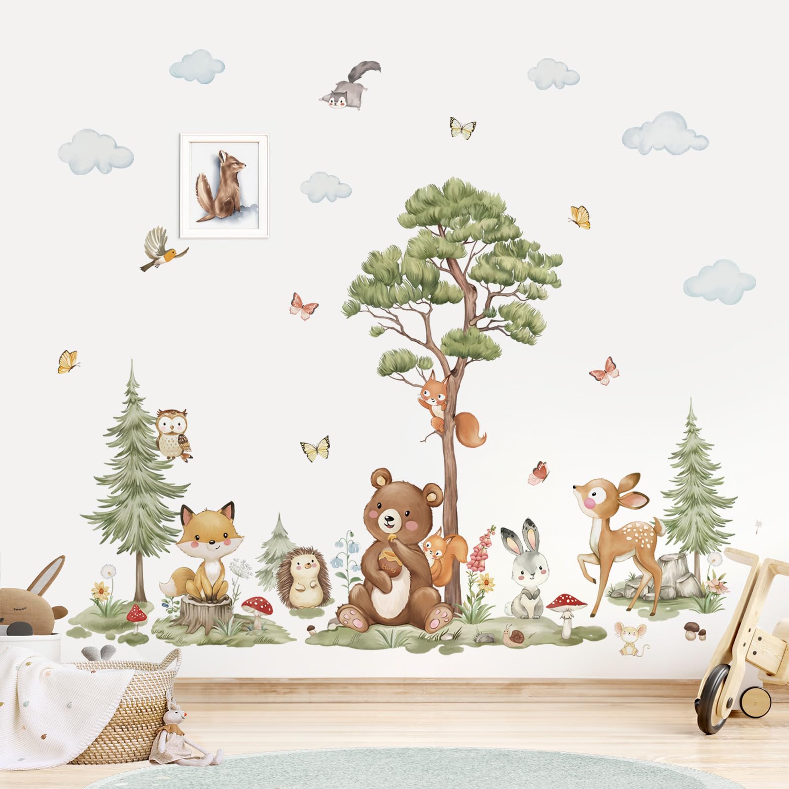 wondever Woodland Animals Wall Stickers Large Pine Tree Forest Bear Deer Fox Peel and Stick Wall Art Decals for Baby Nursery Kids Bedroom Playroom