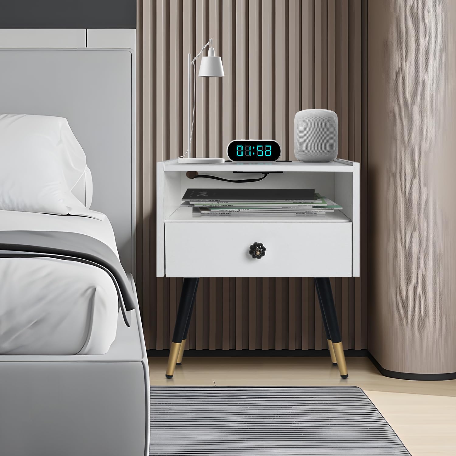 PHECDA Solid Wood Nightstand with Charging Station, Side Table with Drawer and Storage Shelf, Bedside Table with USB Port and Sockets (White)