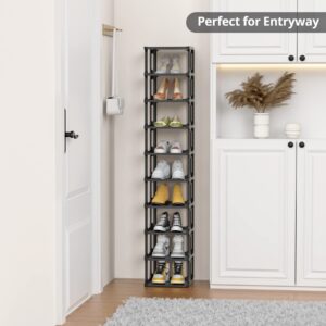 Tall Shoe Rack Front Door Entrance, Free Standing Narrow Shoe Rack Organizer for Entryway, Vertical Stackable Shoe Shelf for Closet Dedroom Dorm Garage, 10 Tier Black Shoe Tower for Small Spaces