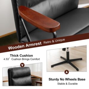 Okeysen Office Desk Chair No Wheels, PU Padded Criss Cross Chair with Wooden Armrests, Ergonomic Mid Back Adjustable Computer Chair, Cute Armless Swivel Task Vanity Accent Chair for Home Office, Black