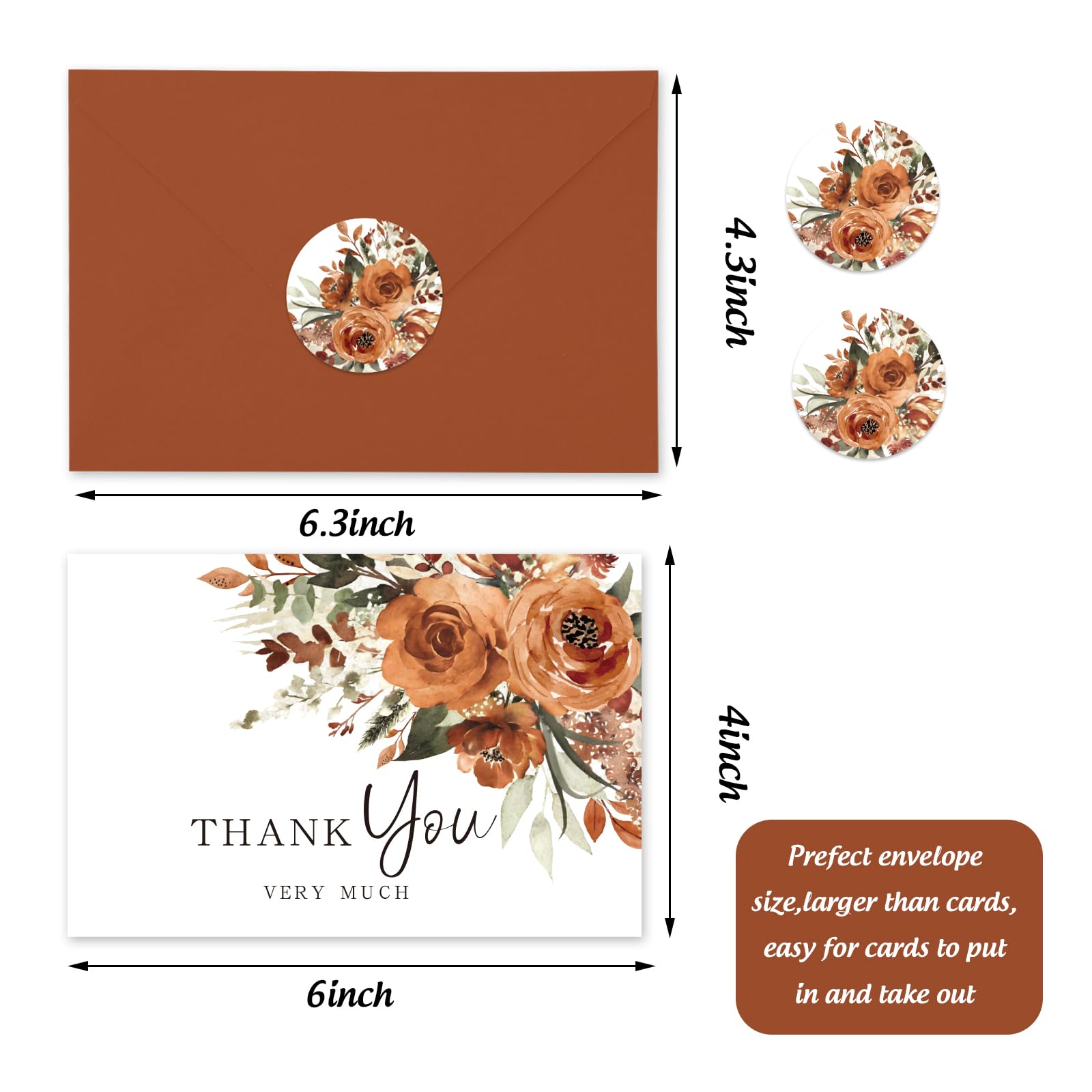 Whaline 36Pcs Watercolor Floral Thank You Cards with Envelopes and Stickers Orange Rose Greeting Cards Blank Note Cards for Weddings Bridal Shower Baby Shower