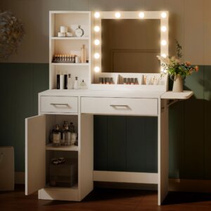 FITSCROPR Vanity Desk with Drawers & Mirror with Lights, with Drawers & Cabinet 3 Shelves Lots Storage for Stylish Bedroom,White