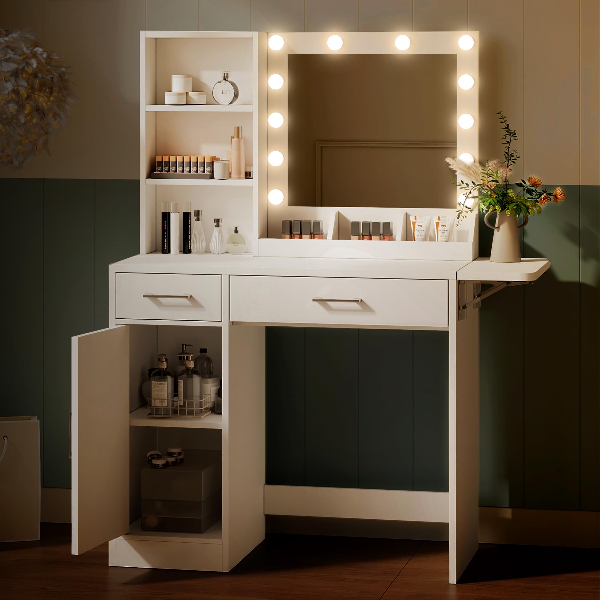 FITSCROPR Vanity Desk with Drawers & Mirror with Lights, with Drawers & Cabinet 3 Shelves Lots Storage for Stylish Bedroom,White