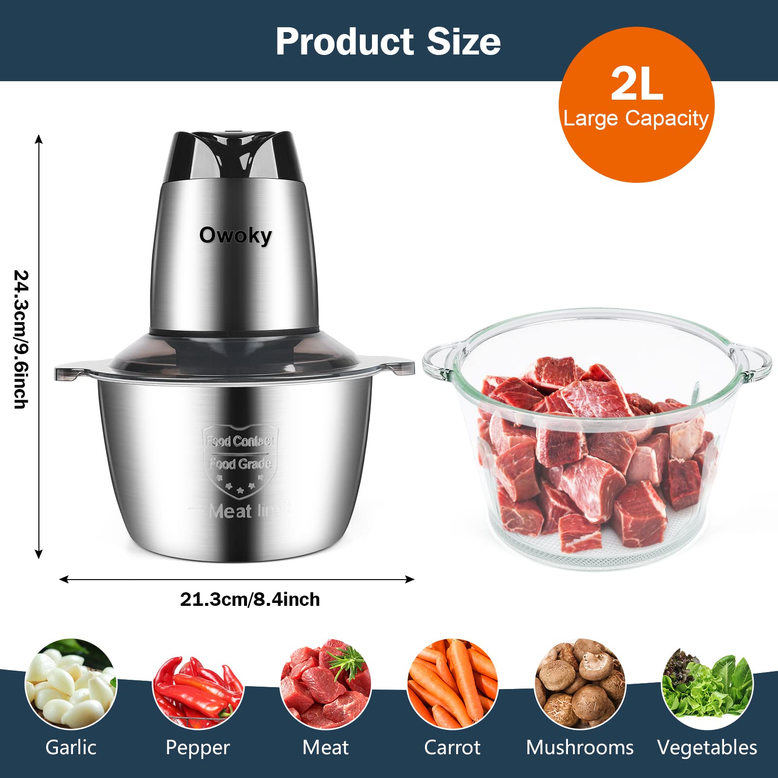 Meat Food Processors Electric, Meat Grinder 2L Stainless Steel Meat Blender Food Chopper for Meat, Onion, Vegetables with Bi-Level Blades, 2 Speed, 500W, 2 Bowls (8 Cup+8 Cup)